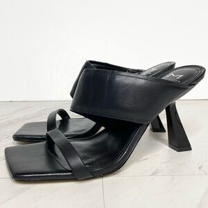 Marc Fisher Deann Black Leather Square Toe Heeled Sandal 8 1/2 M